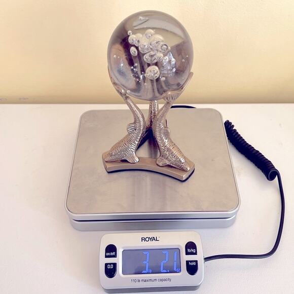 Vtg Brass Dolphin Stand Glass Orb Ball Paperweight Bubble Controlled Removable - Picture 3 of 4